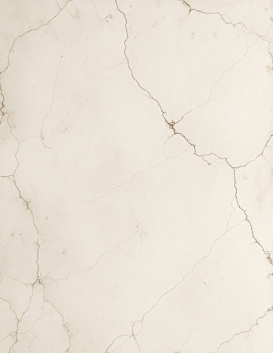 The primary subject of the image is a white marble wall with visible cracks and holes. The setting is a room with a white marble floor. The visual style is a close-up of the marble wall, showcasing its texture and imperfections. The colors and mood of the image are predominantly white, giving it a clean and minimalist appearance.