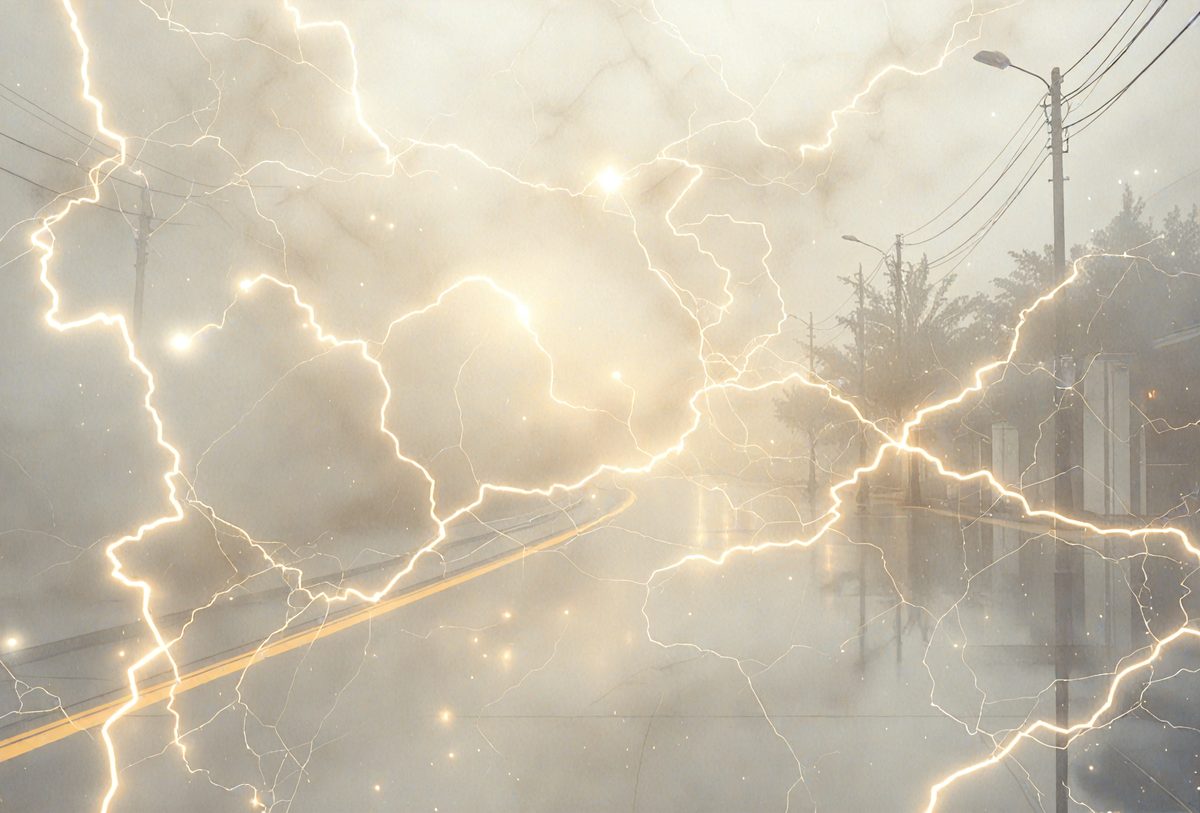 The primary subject of the image is a bright light streak, which appears to be a lightning bolt. The setting is a street with a sidewalk, and the visual style is a photo. The colors and mood of the image are predominantly bright and energetic, with the light streak being the main focus and source of energy.