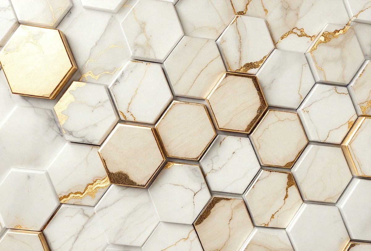The primary subject of the image is a marble wall with a gold pattern. The setting is a room with a white marble wall, and the visual style is a close-up of the marble wall. The colors and mood of the image are predominantly white and gold, giving it a luxurious and elegant appearance.