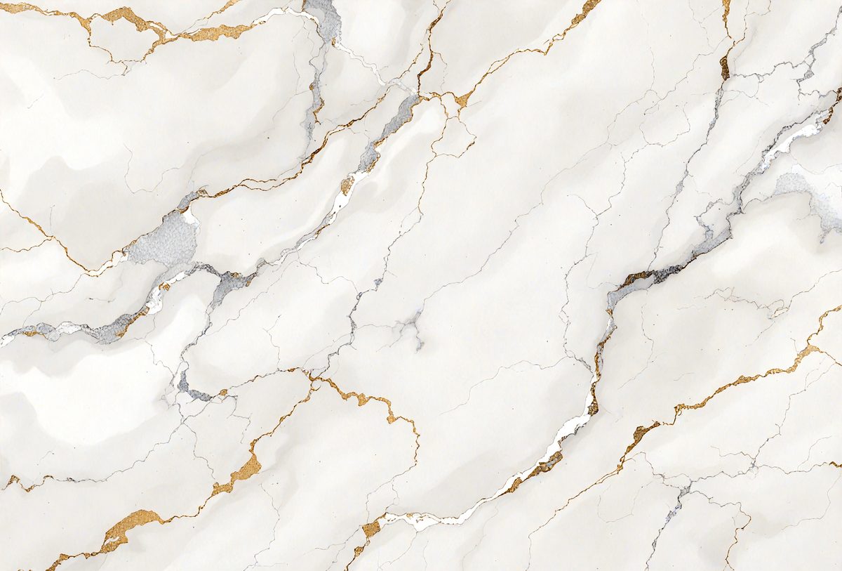 The primary subject of the image is a marble wall with a white and gold color scheme. The setting is a room with a white marble floor, and the visual style is a close-up of the marble wall. The colors and mood of the image are elegant and sophisticated, with the gold accents adding a touch of luxury.