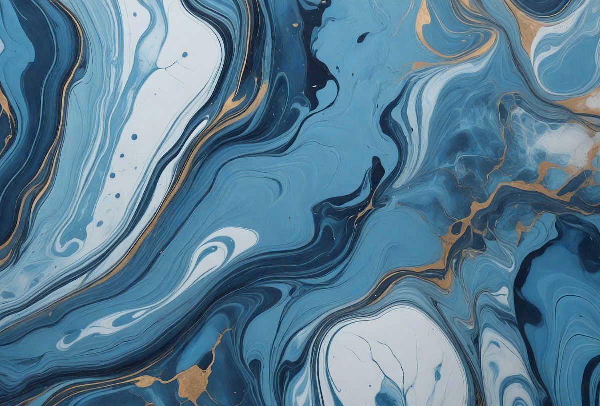 The primary subject of the image is a blue and gold painting, featuring a swirling pattern and a blue background. The setting is a wall, and the visual style appears to be a painting or a digital artwork. The dominant colors in the painting are blue and gold, creating a sense of depth and richness in the artwork.