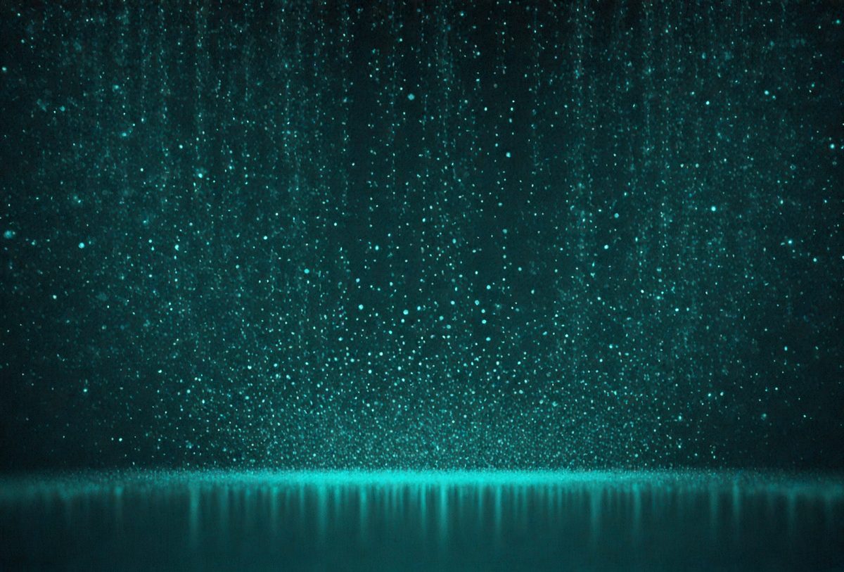 The primary subject of the image is a blue and green waterfall, with a blue background. The visual style is a digital art or illustration, creating a serene and calming atmosphere. The colors and mood of the image are predominantly blue and green, with the waterfall being the main focus.
