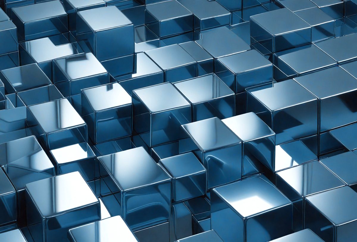 The primary subject of the image is a large, intricate, and colorful pattern made up of many small, square-shaped, reflective surfaces. The setting is a blue background, which contrasts with the reflective surfaces. The visual style is a combination of photo and digital art, creating a unique and eye-catching design. The colors and mood of the image are predominantly blue, with a sense of depth and complexity.