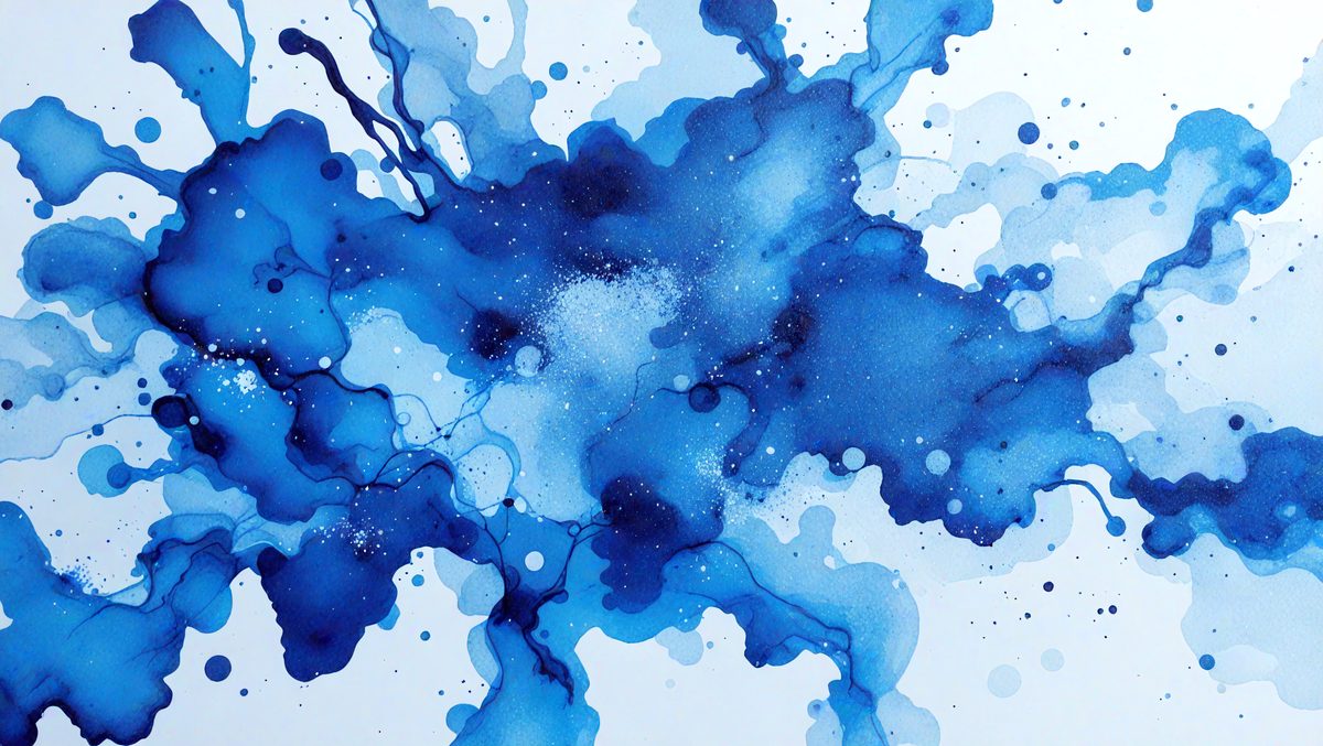 The primary subject of the image is a blue and white painting of a splashing water effect. The setting is a white background, and the visual style appears to be a digital art or illustration. The dominant colors are blue and white, creating a calming and serene atmosphere.