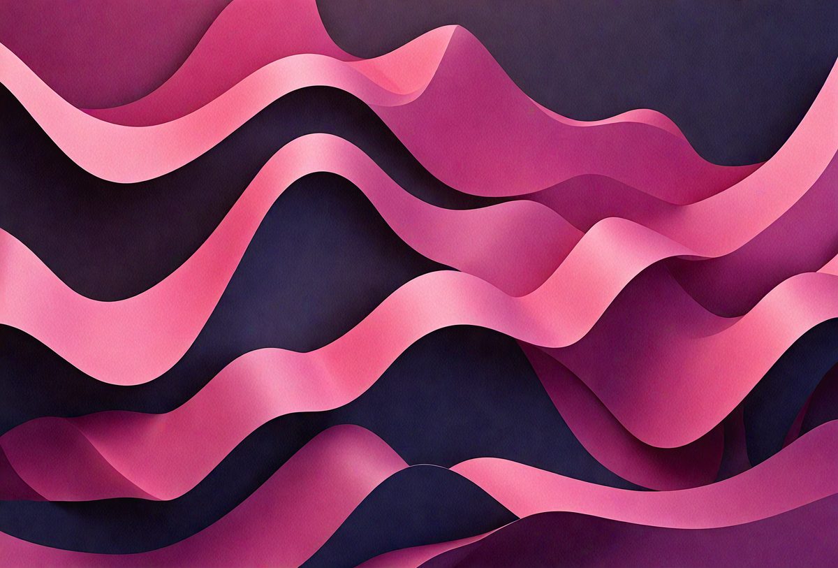 The primary subject of the image is a large, pink, wavy sculpture. The setting is a dark background, which contrasts with the vibrant pink color of the sculpture. The visual style is a combination of digital art and illustration, creating a unique and eye-catching piece. The colors and mood of the image are predominantly pink, giving it a warm and inviting atmosphere.