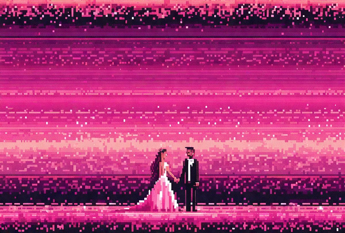 The primary subject of the image is a man and a woman, both dressed in formal attire, standing together and holding hands. The man is wearing a tie, and the woman is wearing a dress. They are positioned in front of a pink background, which adds a vibrant and romantic touch to the scene. The visual style of the image is a digital art or illustration, with a focus on the couple's connection and the pink hue that creates a warm and inviting atmosphere.