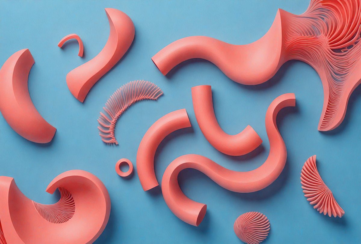 The primary subject of the image is a collection of pink and red sculptures, which are displayed on a blue surface. The sculptures are made of plastic and come in various shapes and sizes. The setting appears to be a studio or an art gallery, showcasing the creativity and craftsmanship of the artist. The visual style of the image is a combination of digital art and illustration, with the sculptures being digitally rendered and the blue surface providing a contrasting background. The colors and mood of the image