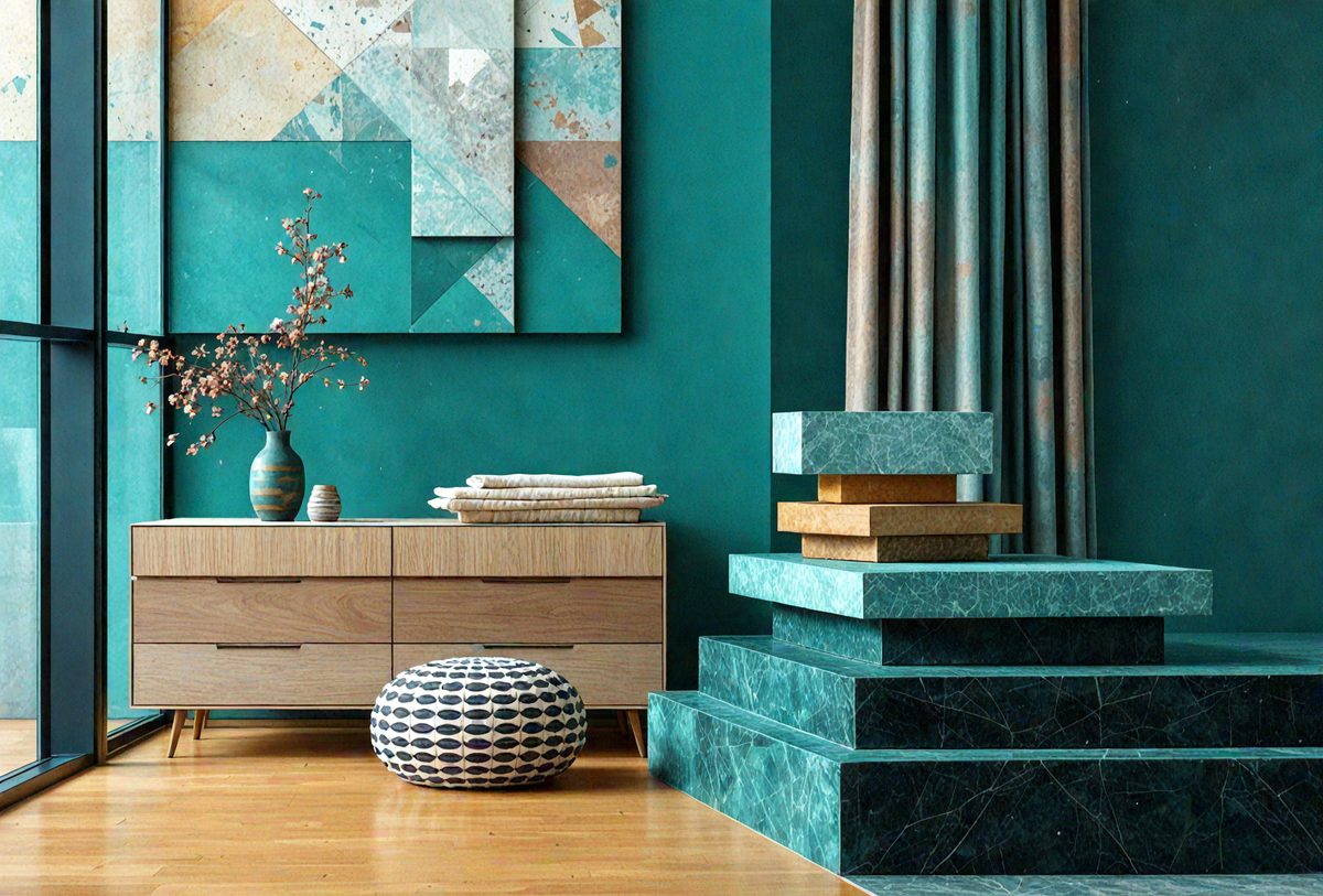 The primary subject of the image is a living room with a blue color scheme. The room features a blue wall, a blue rug, and a blue couch. There is also a blue table in the room. The setting includes a wooden dresser and a vase with flowers. The visual style of the image is a photo, and the colors and mood convey a calm and serene atmosphere.