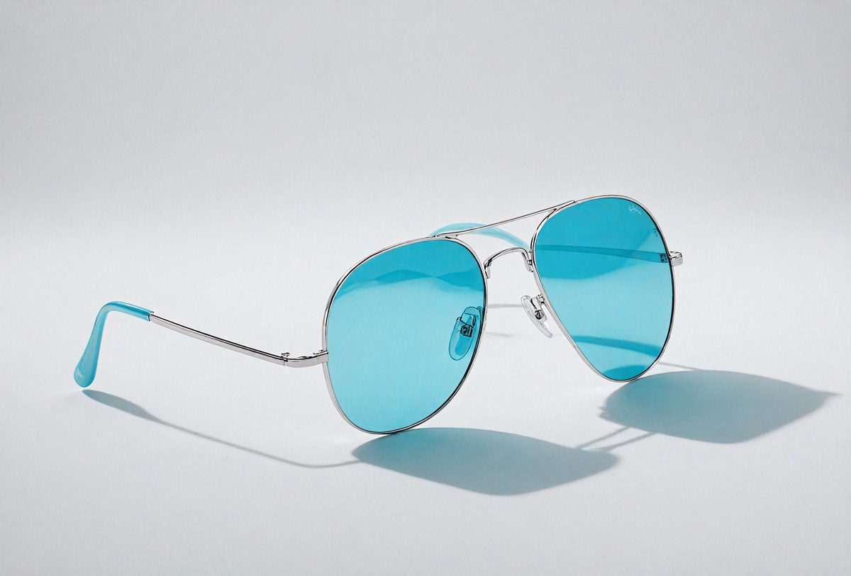 The primary subject of the image is a pair of blue sunglasses. The sunglasses are placed on a white surface, which serves as the setting or background. The visual style of the image is a photo, capturing the sunglasses in detail. The colors and mood of the image are predominantly white and blue, creating a clean and calm atmosphere.