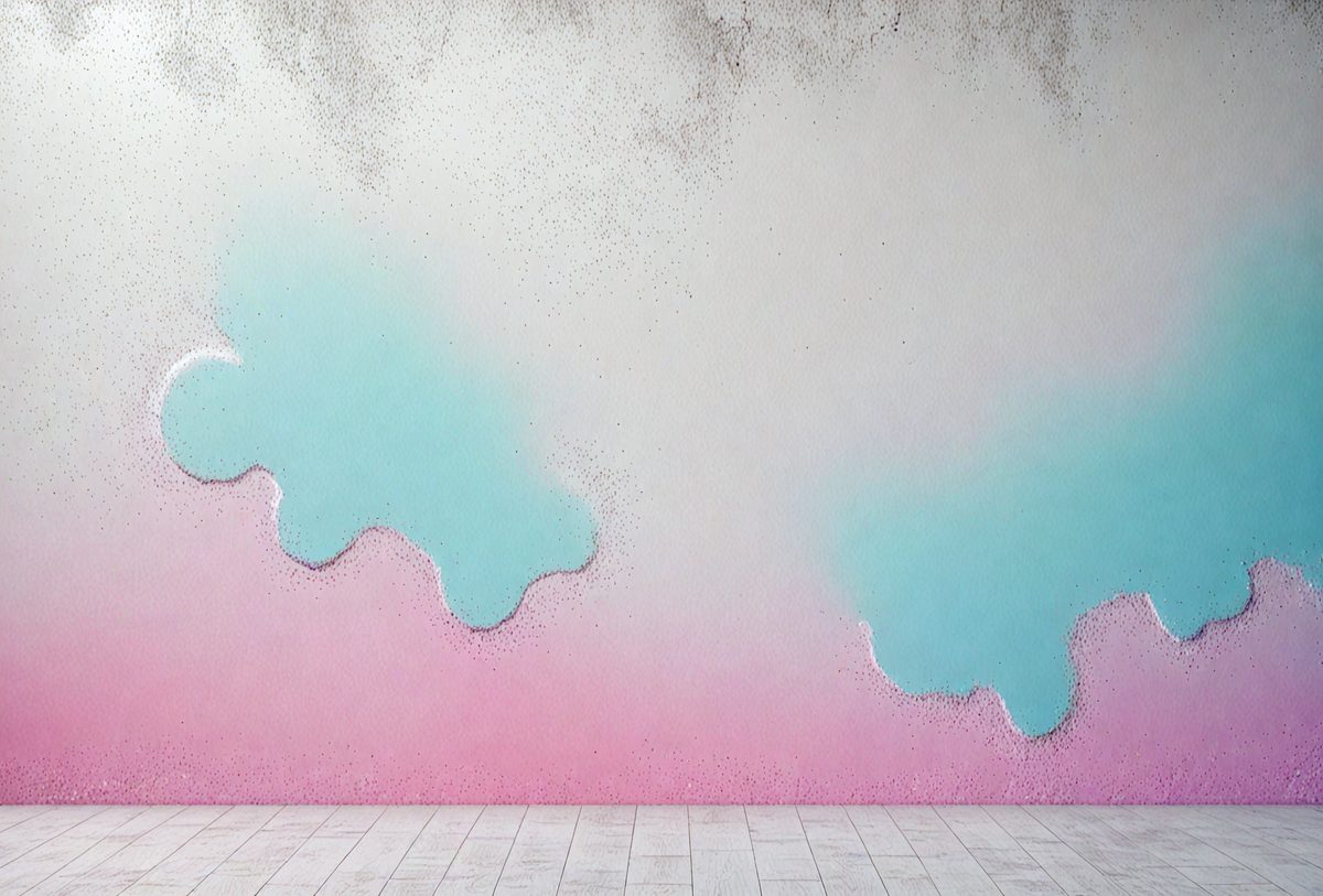 The primary subject of the image is a wall with a colorful, textured design. The wall features a combination of pink, blue, and white colors, creating a vibrant and lively atmosphere. The setting is a room with a wooden floor, which adds to the overall aesthetic of the space. The visual style of the image is a mix of digital art and illustration, as it showcases a creative and artistic design on the wall.